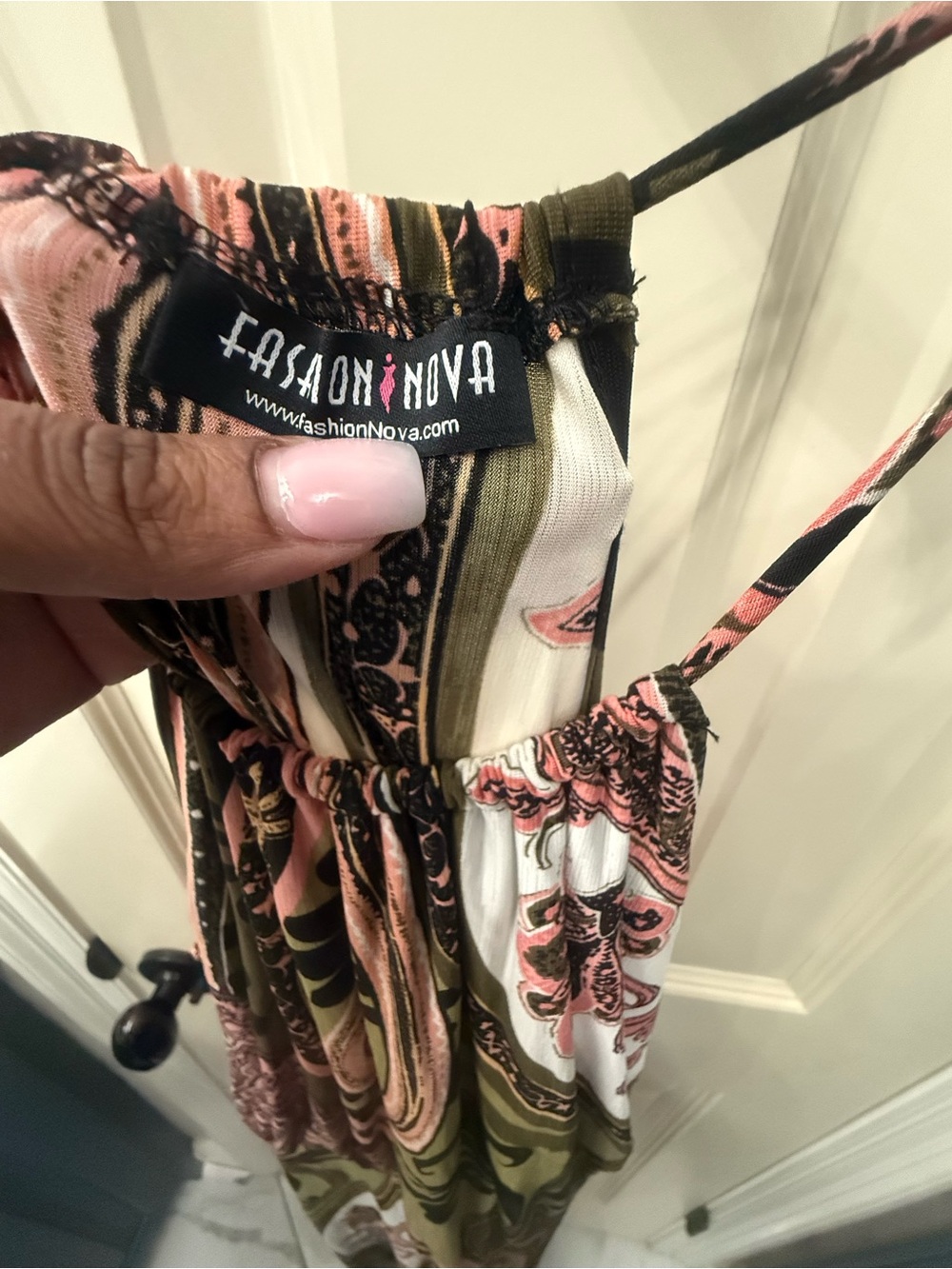 Fashion Nova Strappy Printed Maxi Dress in Olive & Blush